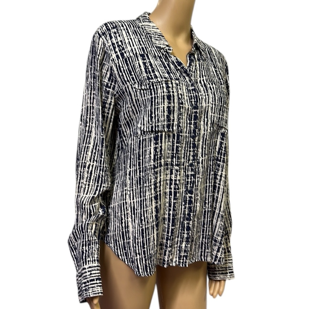Anthropologie Holding Horses Navy Cream Button Up Long Slv Double Pocket Blouse